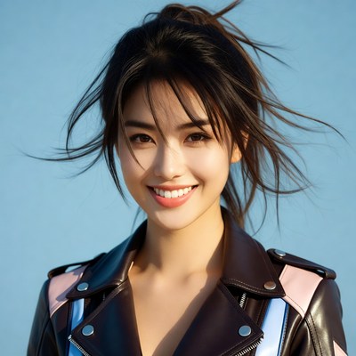 Asian woman smiling in leather jacket