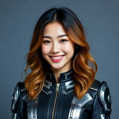 Asian woman in black armored jacket