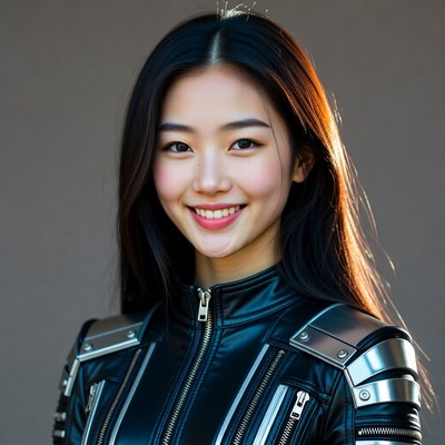 Asian woman in black leather jacket