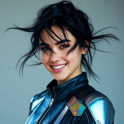 Smiling woman in metallic leather jacket