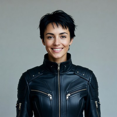 Woman smiling in black leather jacket