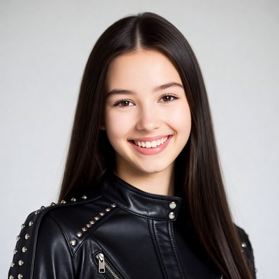 Asian girl smiling in leather jacket