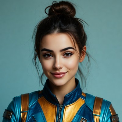 Woman in blue gold leather jacket