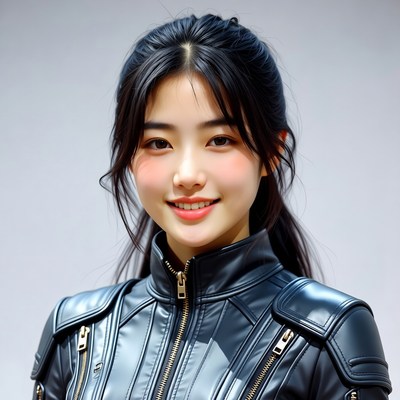 Asian woman in black leather jacket
