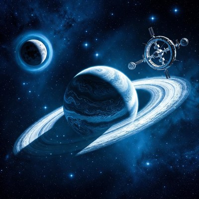 Space Station Orbiting Saturn