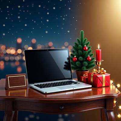 Laptop with Christmas Tree and Gifts