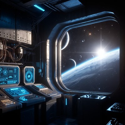 Spaceship cockpit with Earth view