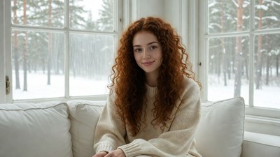 Redhead woman by snowy window