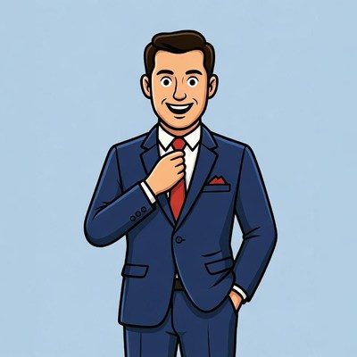 Cartoon man adjusting red tie