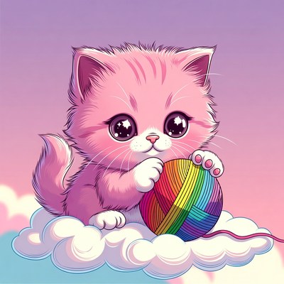 Cute pink kitten holding rainbow yarn ball
