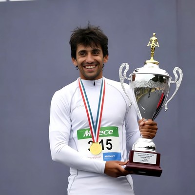 Man holding trophy with medals