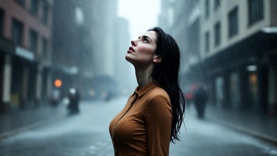 Woman looking up in rainy city street