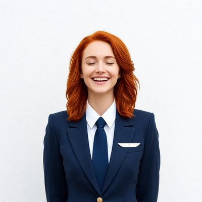 Smiling redhead woman in navy suit