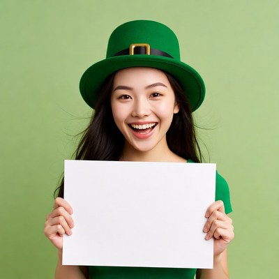 Asian woman in leprechaun hat holding blank sign