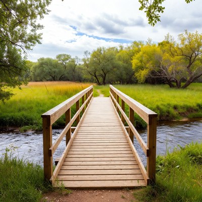 Wooden Bridge Over River in Autumn Forest