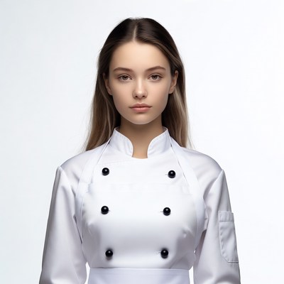 Young woman in white chef uniform