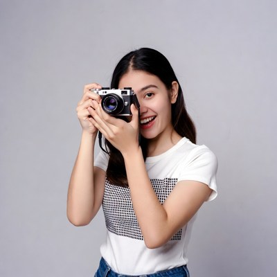 Asian woman taking photo with camera