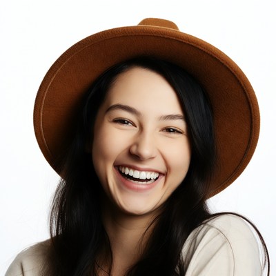 Asian woman smiling in brown hat