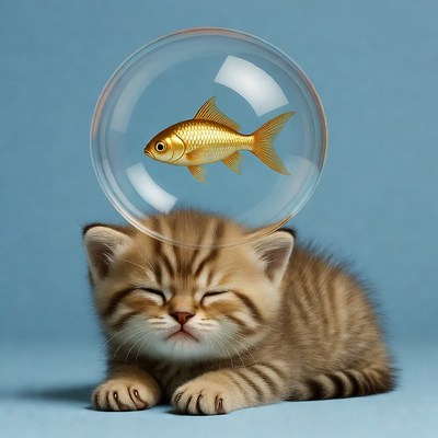 Sleeping kitten under goldfish bubble