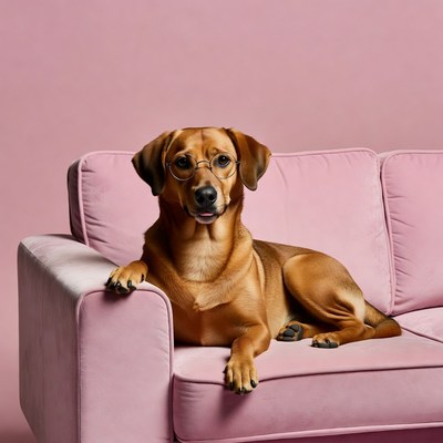 Dog wearing glasses on pink couch