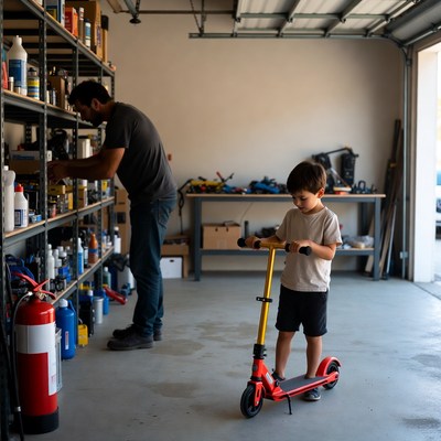 Father and son with scooter in garage