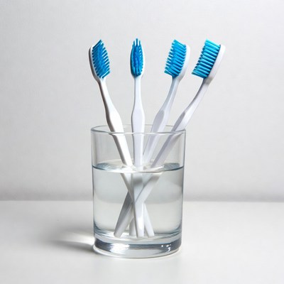 White toothbrushes in glass of water