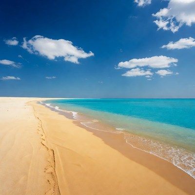 Sandy Beach with Footprints and Turquoise Ocean