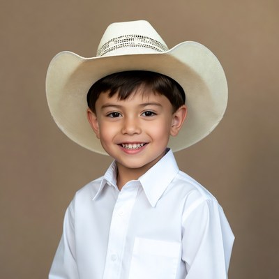 Boy smiling in white cowboy hat