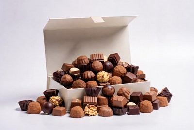 Assortment of chocolates in open white box