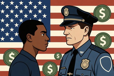 Black man facing police officer with money