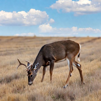 Buck deer grazing in field