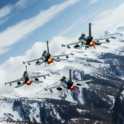 F-16 Fighter Jets Flying Over Snowy Mountains