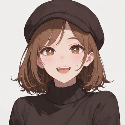 Anime girl smiling in black beret