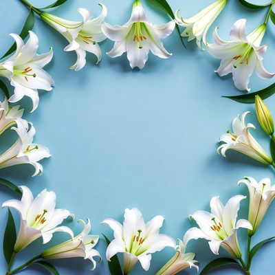 White Lilies in Circle on Blue