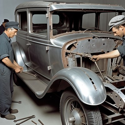 Men Welding Vintage Car Body