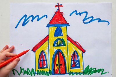 Child drawing colorful church illustration