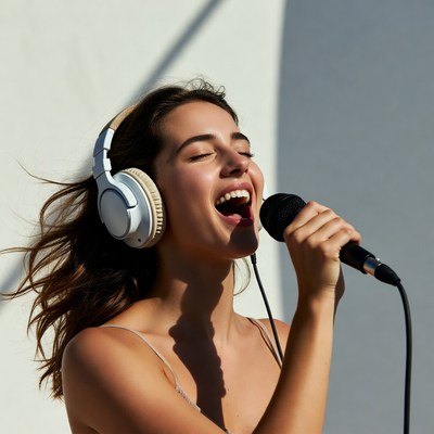 Woman singing with headphones and microphone