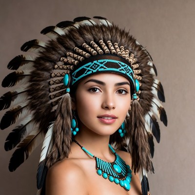 Woman in turquoise Native American headdress