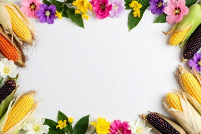Corn and Flowers Border on White