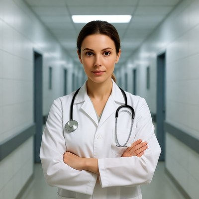 Female doctor arms crossed hospital corridor