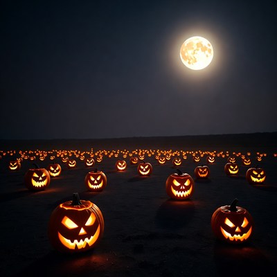 Jack-o-lanterns under full moon