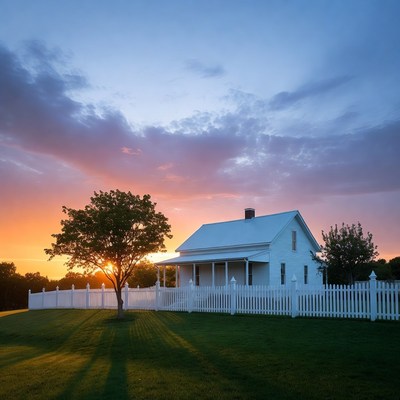 White farmhouse at sunset