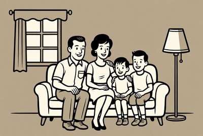 Happy family sitting on sofa illustration