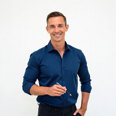 Smiling man holding pen in blue shirt