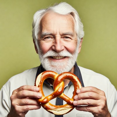 Elderly man holding giant pretzel