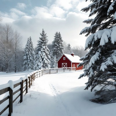 Red Barn in Snowy Landscape
