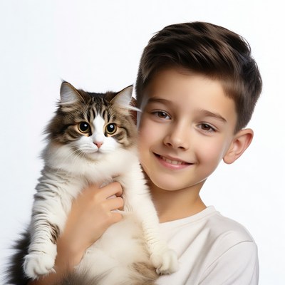 Boy holding fluffy tabby kitten