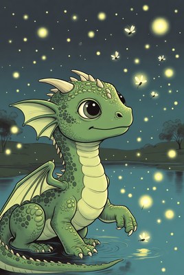 Cute green baby dragon by lake