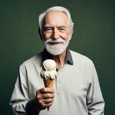 Elderly man holding vanilla ice cream cone