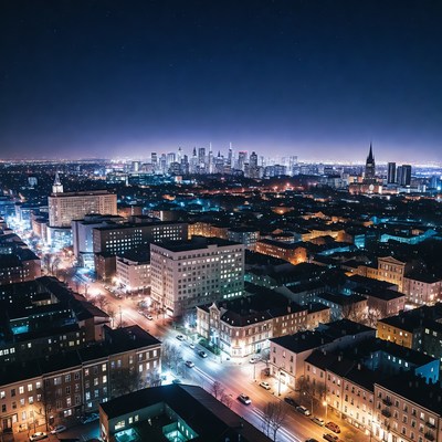 Aerial Night View of City Skyline